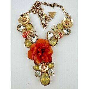 GUESS Statement Necklace Y2K Bee Orange Flower Rhinestone Gold Tone Floral
